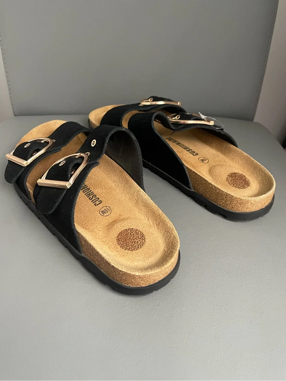 CUSHIONAIRE Black Suede Double Buckle Adjustable Slide Sandals Women 10W